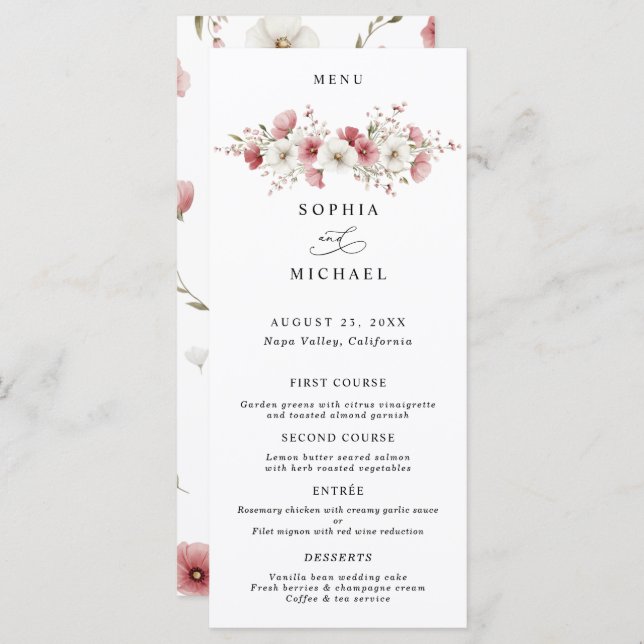 Pink Wild Flowers Wedding Menu (Anverso / Reverso)