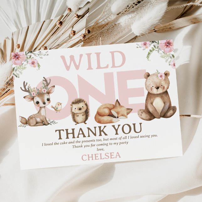 Pink Woodland Wild One 1er cumpleaños Tarjeta de a (Pink Woodland Wild One Thank You Birthday Card, Wildflowers Woodland Wild One Thank You Card)