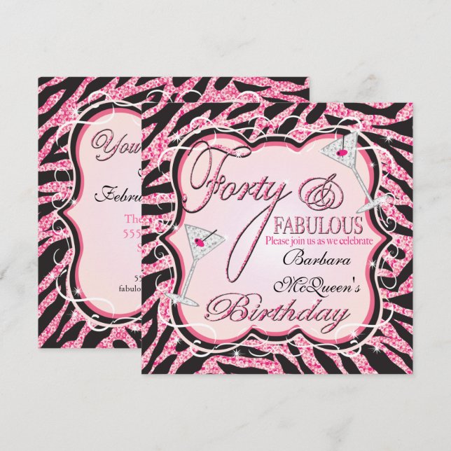 Pink Zebra Sequin 40th Birthday Party Invitaciones (Anverso / Reverso)