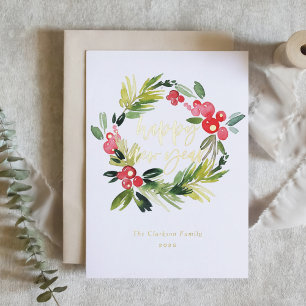 Pino acuarela y Wreath Holly Feliz Año Nuevo