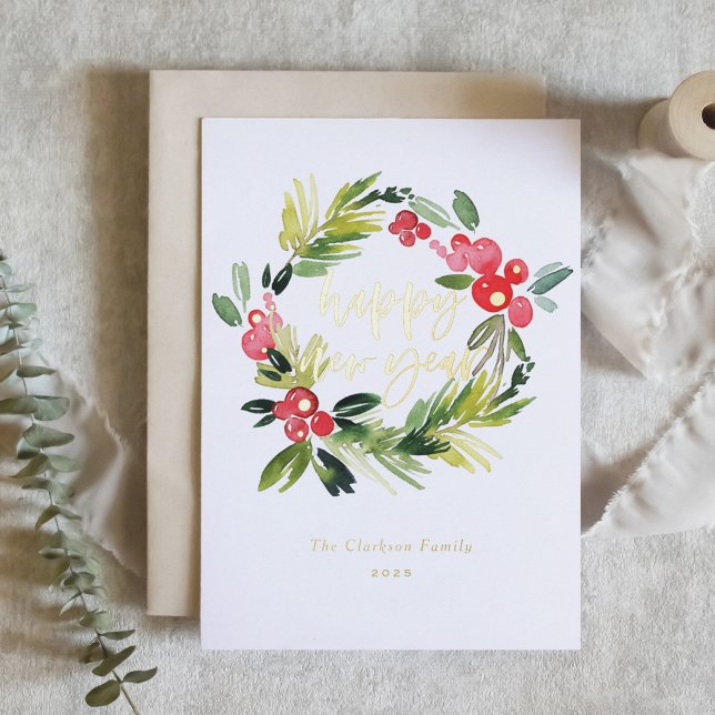 Pino acuarela y Wreath Holly Feliz Año Nuevo (Subido por el creador)