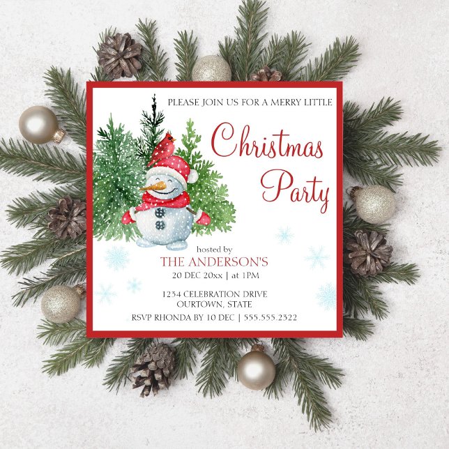 Pino de nevada acuarela alegre pequeña invitación (Watercolor snowman pine merry little Christmas editable template invitation digital download)