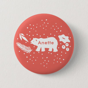 Pino de oso polar y botón rojo de vacaciones holad