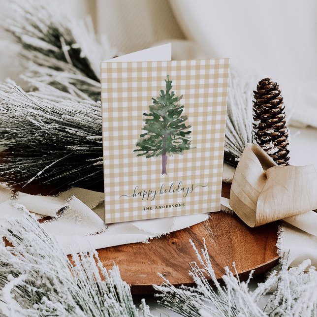 Pino simple | Árbol de Navidad en Neutral Gingham (A Christmas card with a simple pine tree on neutral gingham)