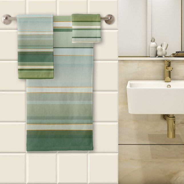 Pino Verde Elegante Turquesa Pálido Rayado (A lovely striped bathroom towel set in fresh pine green and pale turquoise with tiny rose gold lines)