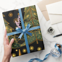 Pinos dorados en papel de regalo de medianoche