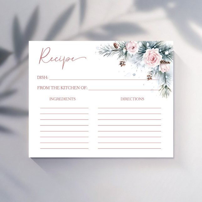 Pinos nevados de invierno tarjeta de receta de duc (Winter bridal shower recipe cards snowy pines blush pink roses recipe cards)