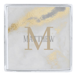 Pins Plateados Monograma Nombre Gris Oro Personalizado Mármol