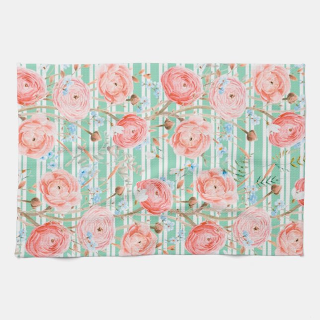 Pinstripe Floral Pattern Kitchen Toalla (Horizontal)