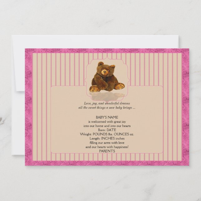 Pinstripe rosa Teddy Bear Invitación del bebé (Anverso)