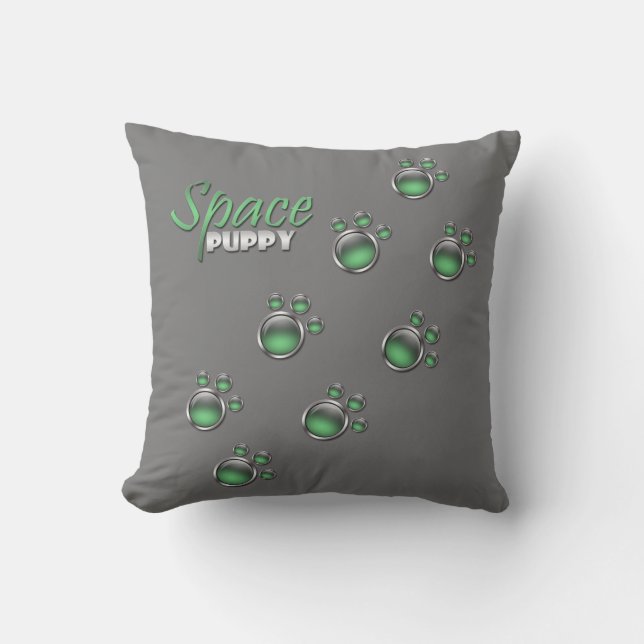 Pinta verde y gris "Space Puppy" Imprime almohada (Anverso)