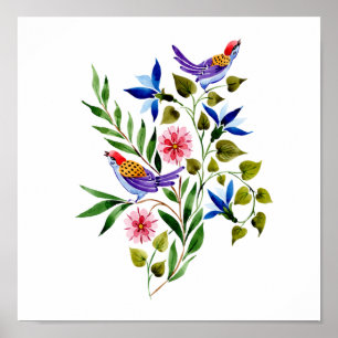 Pintado de arte acuarela de aves y flores