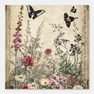 Pintado Flores, pájaros y mariposa sobre papel de edad (2)