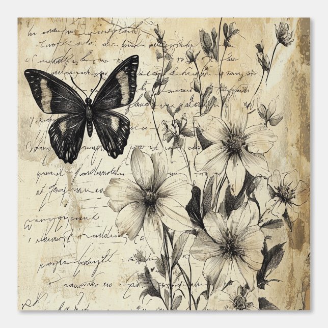 Pintado Flores rusticas y mariposa - Papel de edad (1) (Anverso)
