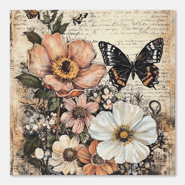 Pintado Flores rústicas y mariposa - Papel de edad (14) (Anverso)