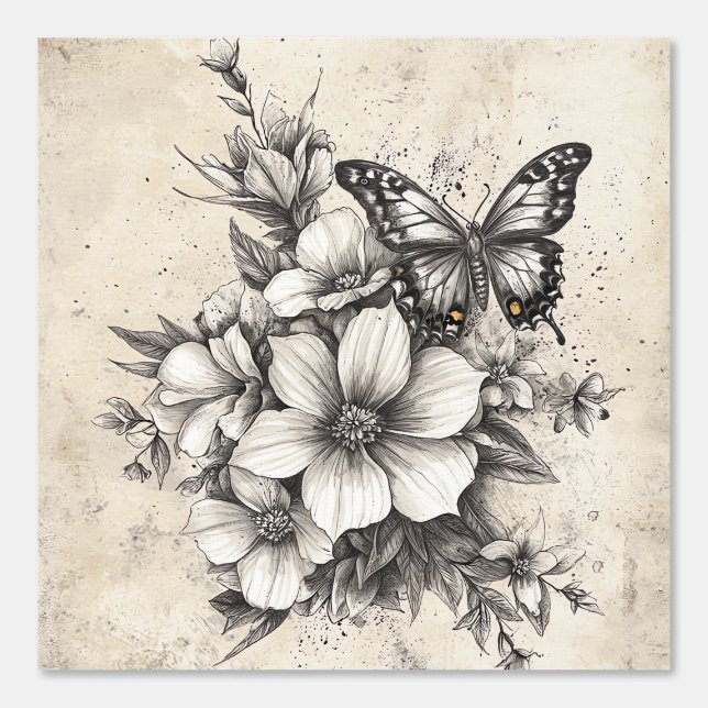 Pintado Flores rusticas y mariposa - Papel de edad (5) (Anverso)