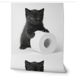 Pintado Gatito negro bebé protegiendo rollo de papel higié