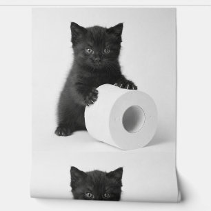 Pintado Gatito negro bebé protegiendo rollo de papel higié