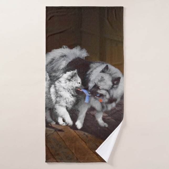 Pintado Keeshond Playtime - Arte Perro Original. (Toalla de baño)