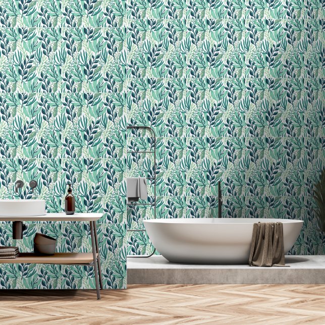 Pintado Lush hojas verdes del verano botánico Papel de esc (Baño)