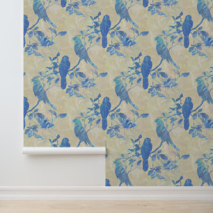 Pintado Pájaros en ramas y deja papel tapiz de marfil azul