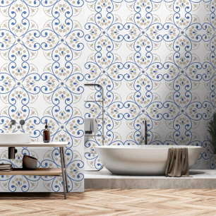 Pintado Papel azul de flores de estilo mediterráneo