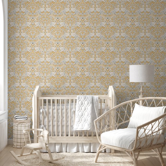 Pintado Papel de fondo amarillo Flamingo Floral Damask (Niños)