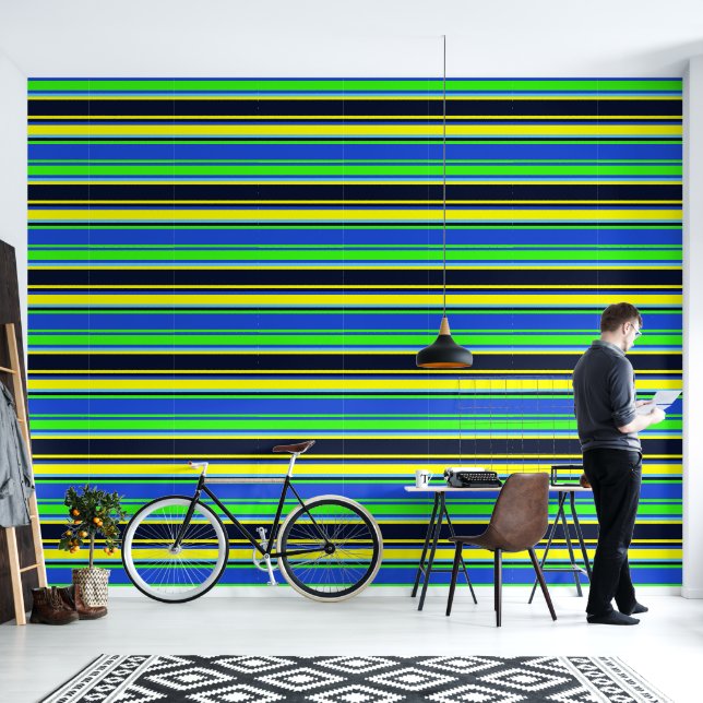 Pintado Papel de fondo azul, limón y rayado amarillo negri (Sala de estar)