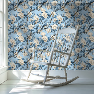 Pintado Papel de fondo floral de estilo chino azul y blanc