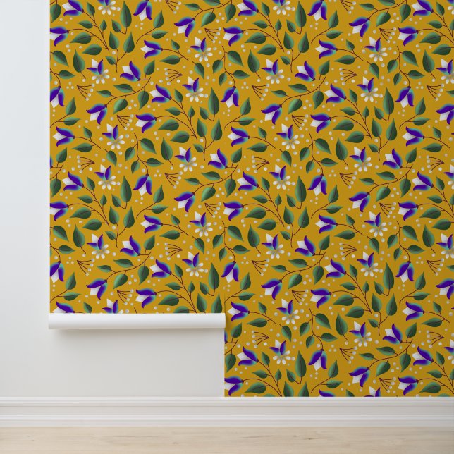 Pintado Papel de fondo floral en amarillo y púrpura (Solicitud)