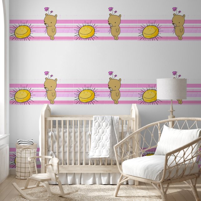 Pintado Papel de fondo rosa y franja blanca Sunshine Teddy (Niños)