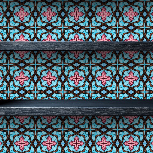 Pintado Papel marrón y rosa de vidrio manchado y papel peq (Stained Glass Brown and Pink Cross Small Print Wallpaper on a shelf)