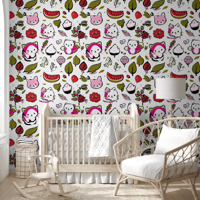 Pintado Papel tapiz de frutas y gatos (Niños)