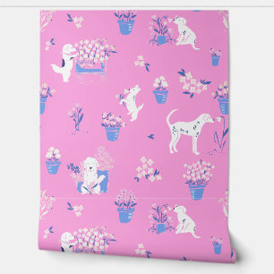 Pintado Papel tapiz floral de perro picante rosa y azul ca