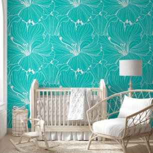 Pintado Papel tapizado de motivos florales blancos y turqu