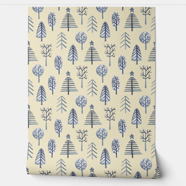 Pintado Patrón de árbol de Navidad azul y melocotón Papel  (Desenrollar)