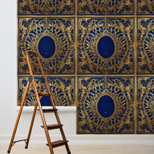 Pintado Patrón de encaje dorado azul de papel de fondo de