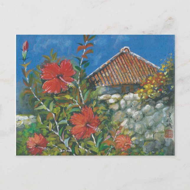 Pintando la postal Hibiscus y la casa Okinawense (Anverso)