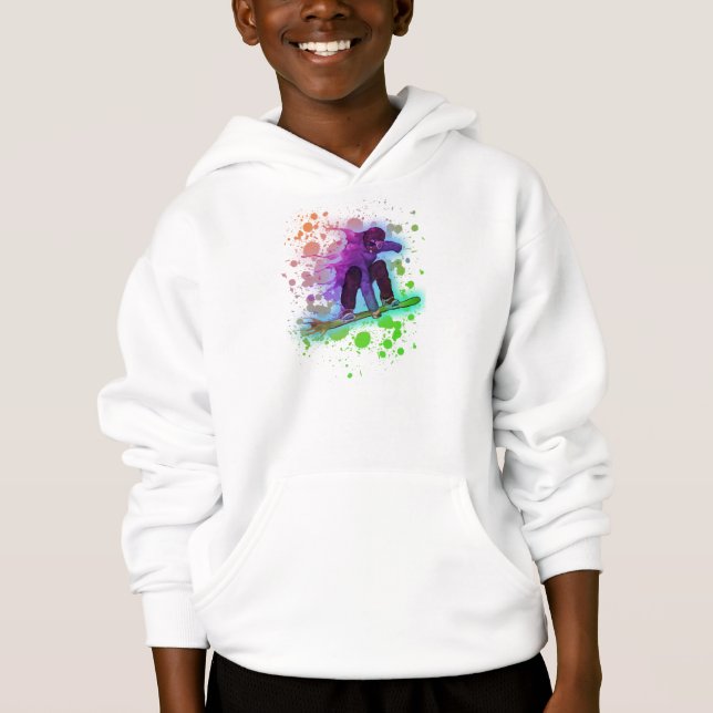 Pintar broche arco iris snowboarder niños hoodie (Anverso)