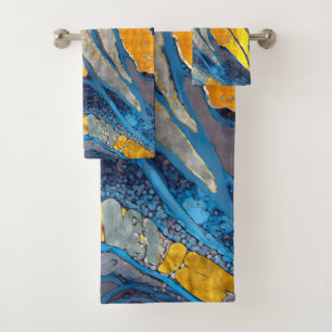 Pintura abstracta, rayas, oro, plata, azul
