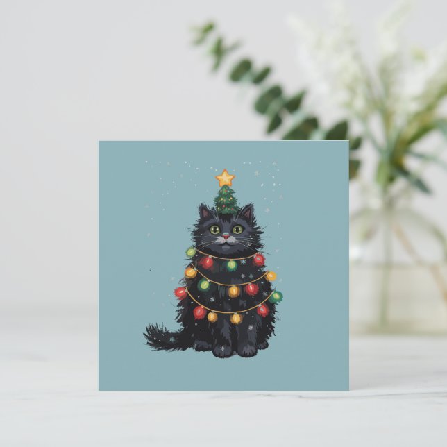 Pintura al óleo de árbol de Navidad con gato negro (Anverso de pie)