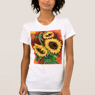 Pintura artística de tres girasoles en camiseta