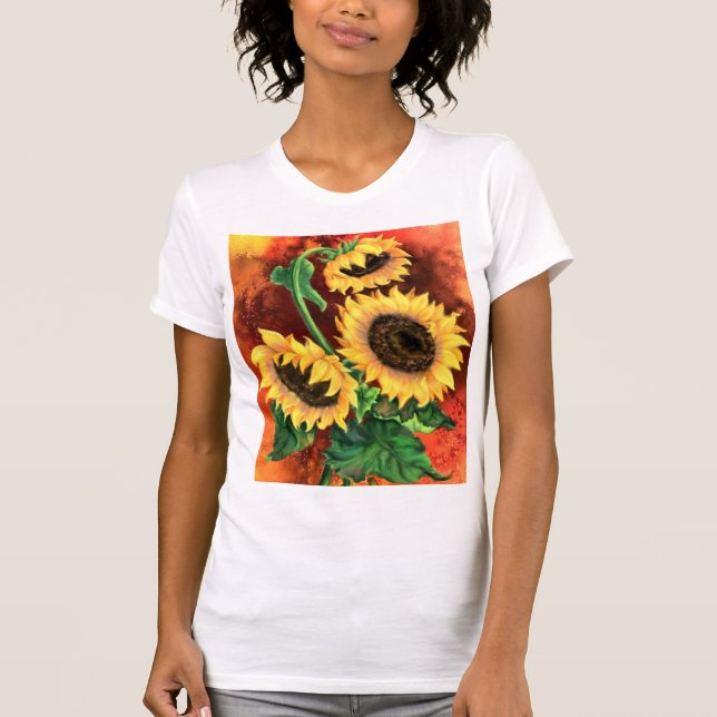 Pintura artística de tres girasoles en camiseta (Anverso)
