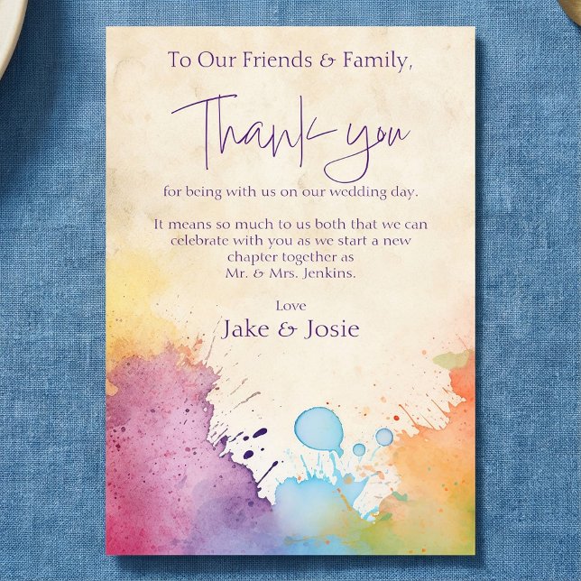 Pintura brillante salpicaduras Boda Mesa gracias t (Bright paint splashes Wedding Table thank you card.)