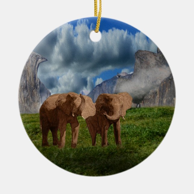 Pintura de aceite de Dúo Elefante, ornamento cerám (Frente)