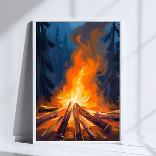 Pintura de arte de bosque de acuarela de fogata