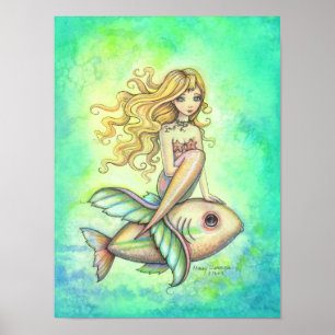 Pintura de arte de la sirena y la pesca