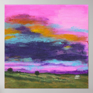 Pintura de arte de paisaje, puesta de sol rosa, ca