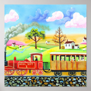 Pintura de arte folclórica del tren de vapor rojo