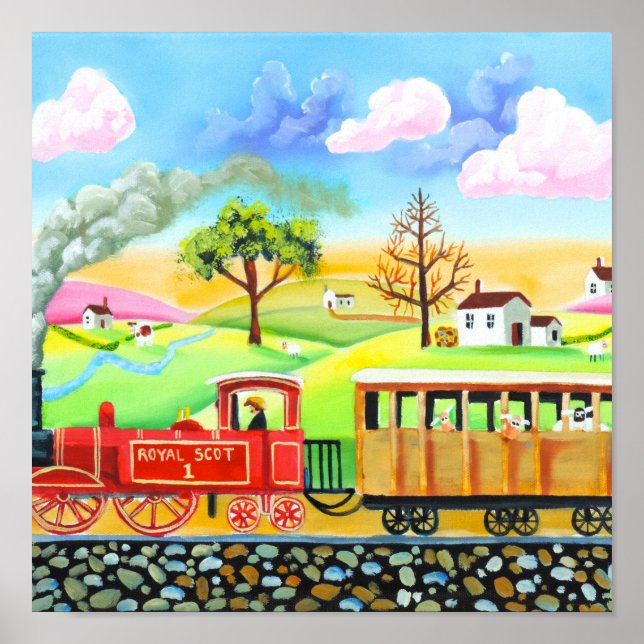 Pintura de arte folclórica del tren de vapor rojo (Frente)